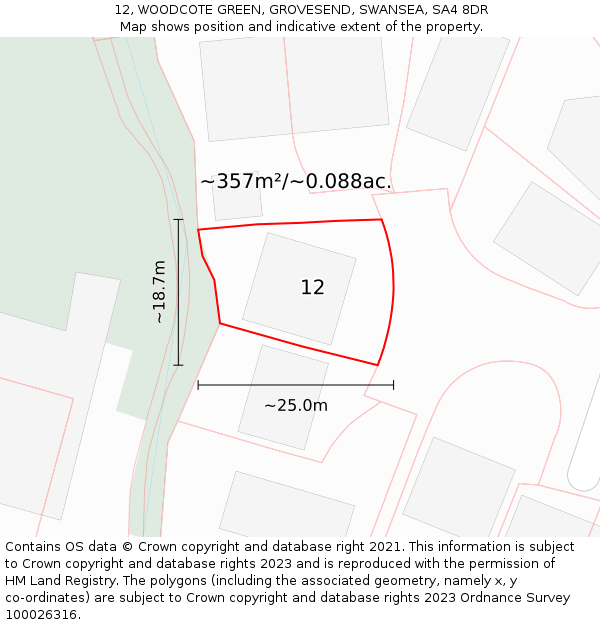 12, WOODCOTE GREEN, GROVESEND, SWANSEA, SA4 8DR: Plot and title map