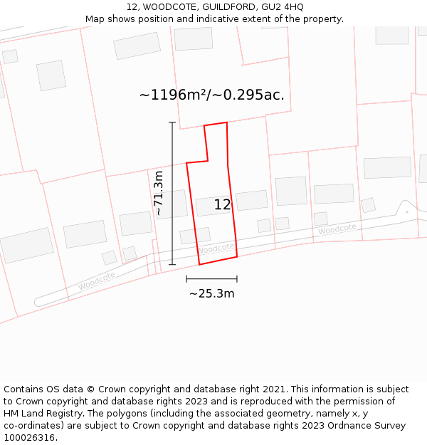 12, WOODCOTE, GUILDFORD, GU2 4HQ: Plot and title map