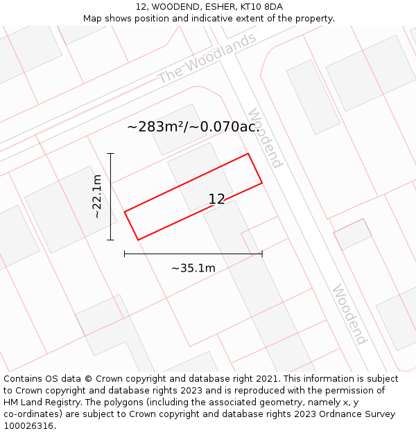 12, WOODEND, ESHER, KT10 8DA: Plot and title map