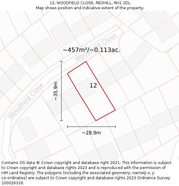 12, WOODFIELD CLOSE, REDHILL, RH1 2DL: Plot and title map