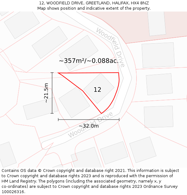 12, WOODFIELD DRIVE, GREETLAND, HALIFAX, HX4 8NZ: Plot and title map