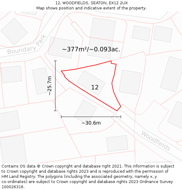 12, WOODFIELDS, SEATON, EX12 2UX: Plot and title map