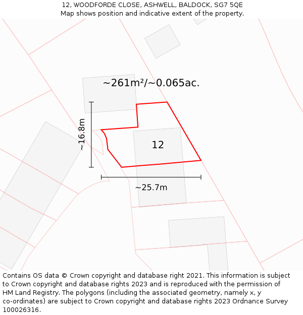 12, WOODFORDE CLOSE, ASHWELL, BALDOCK, SG7 5QE: Plot and title map