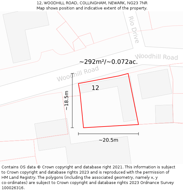 12, WOODHILL ROAD, COLLINGHAM, NEWARK, NG23 7NR: Plot and title map