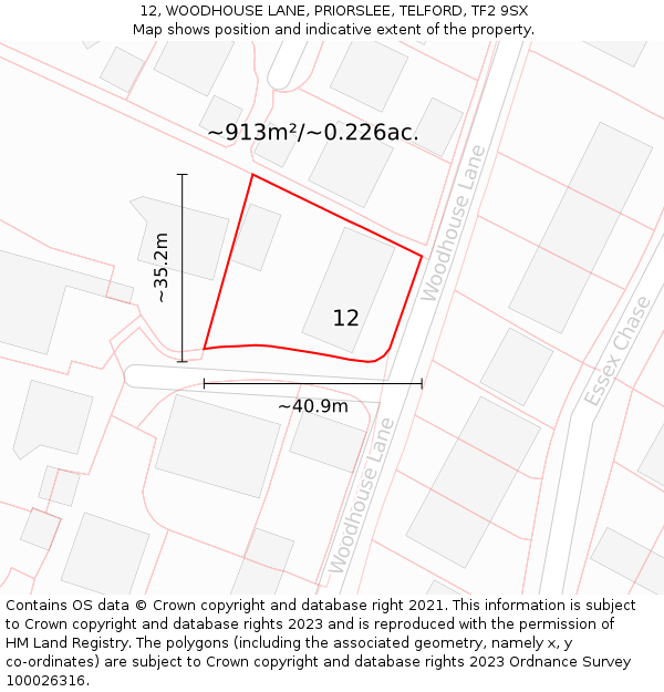 12, WOODHOUSE LANE, PRIORSLEE, TELFORD, TF2 9SX: Plot and title map