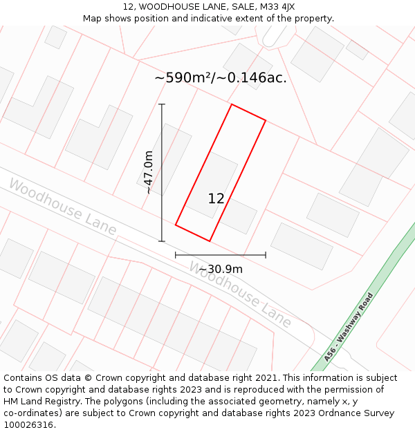 12, WOODHOUSE LANE, SALE, M33 4JX: Plot and title map