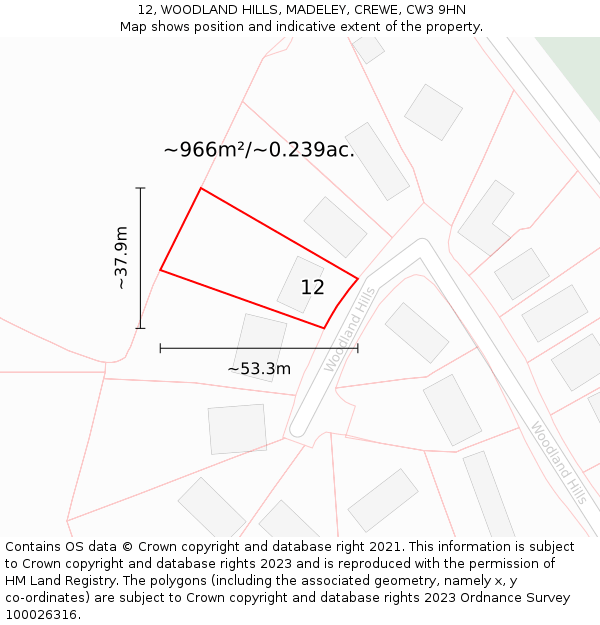 12, WOODLAND HILLS, MADELEY, CREWE, CW3 9HN: Plot and title map