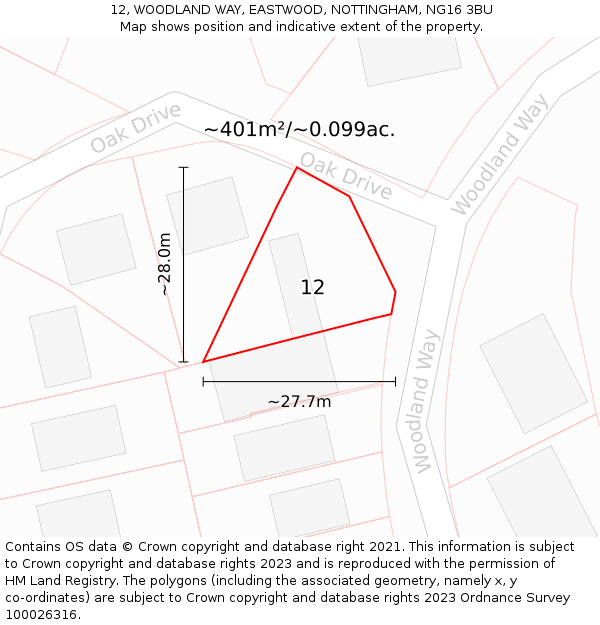 12, WOODLAND WAY, EASTWOOD, NOTTINGHAM, NG16 3BU: Plot and title map