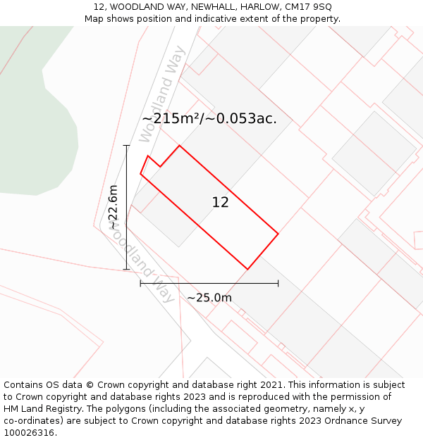 12, WOODLAND WAY, NEWHALL, HARLOW, CM17 9SQ: Plot and title map