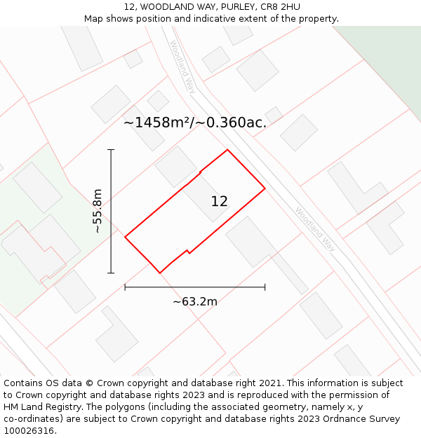 12, WOODLAND WAY, PURLEY, CR8 2HU: Plot and title map