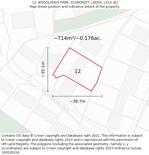 12, WOODLANDS PARK, SCARCROFT, LEEDS, LS14 3JU: Plot and title map