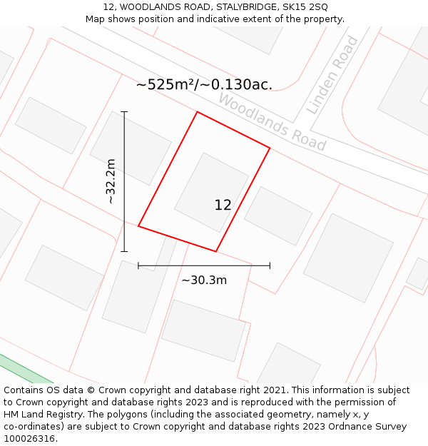 12, WOODLANDS ROAD, STALYBRIDGE, SK15 2SQ: Plot and title map