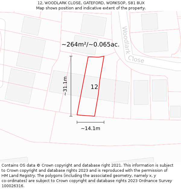 12, WOODLARK CLOSE, GATEFORD, WORKSOP, S81 8UX: Plot and title map