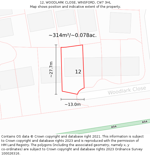 12, WOODLARK CLOSE, WINSFORD, CW7 3HL: Plot and title map