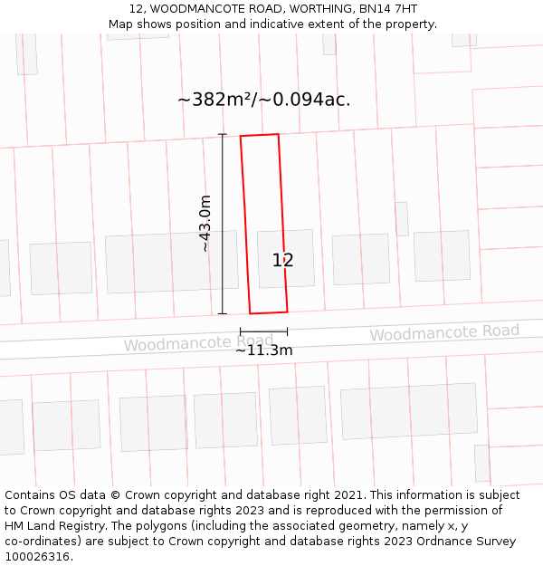 12, WOODMANCOTE ROAD, WORTHING, BN14 7HT: Plot and title map