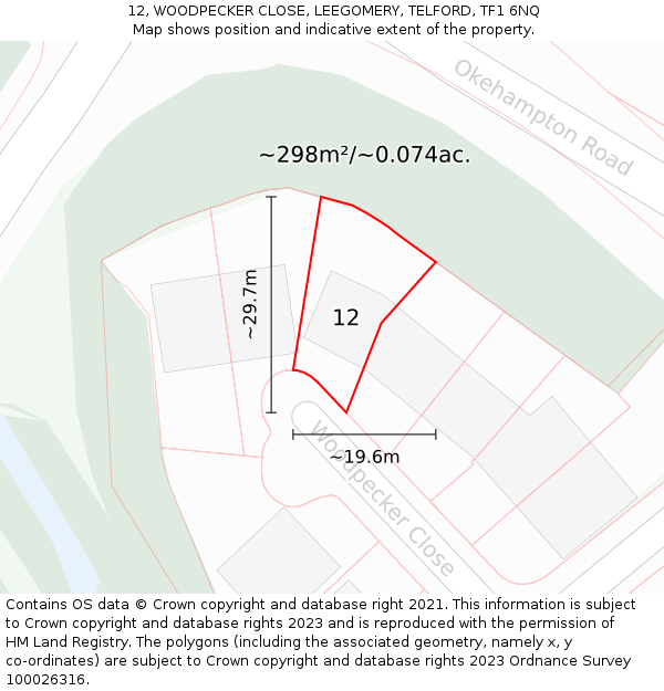 12, WOODPECKER CLOSE, LEEGOMERY, TELFORD, TF1 6NQ: Plot and title map