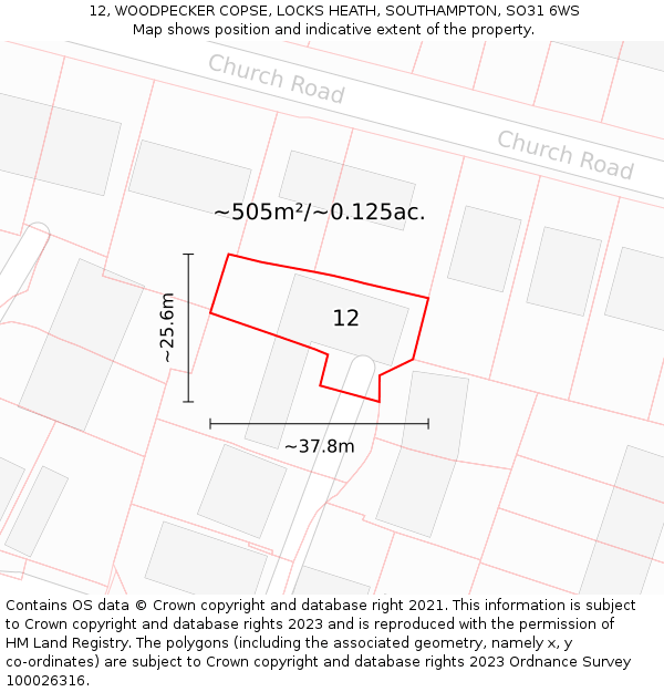 12, WOODPECKER COPSE, LOCKS HEATH, SOUTHAMPTON, SO31 6WS: Plot and title map