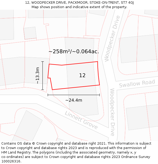 12, WOODPECKER DRIVE, PACKMOOR, STOKE-ON-TRENT, ST7 4GJ: Plot and title map