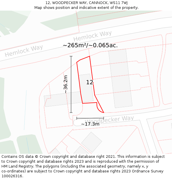 12, WOODPECKER WAY, CANNOCK, WS11 7WJ: Plot and title map