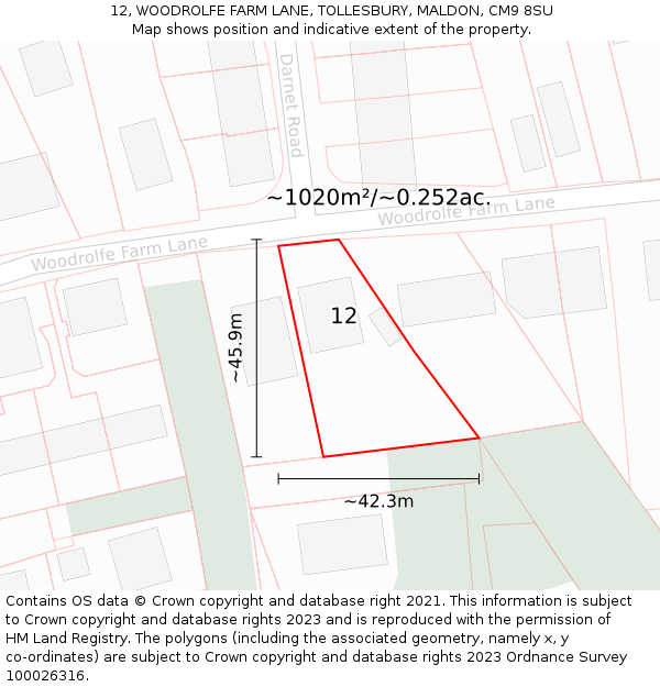 12, WOODROLFE FARM LANE, TOLLESBURY, MALDON, CM9 8SU: Plot and title map