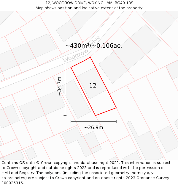 12, WOODROW DRIVE, WOKINGHAM, RG40 1RS: Plot and title map