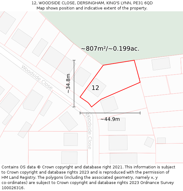 12, WOODSIDE CLOSE, DERSINGHAM, KING'S LYNN, PE31 6QD: Plot and title map
