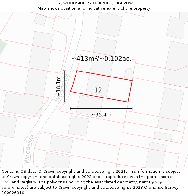 12, WOODSIDE, STOCKPORT, SK4 2DW: Plot and title map