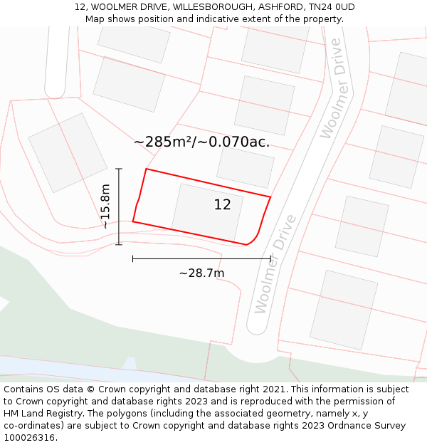 12, WOOLMER DRIVE, WILLESBOROUGH, ASHFORD, TN24 0UD: Plot and title map