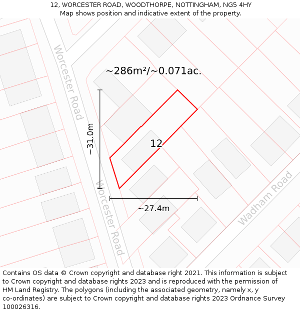 12, WORCESTER ROAD, WOODTHORPE, NOTTINGHAM, NG5 4HY: Plot and title map