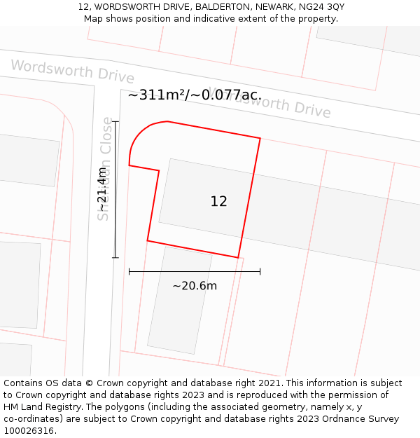 12, WORDSWORTH DRIVE, BALDERTON, NEWARK, NG24 3QY: Plot and title map