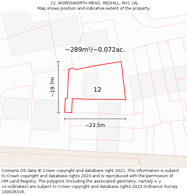 12, WORDSWORTH MEAD, REDHILL, RH1 1AJ: Plot and title map