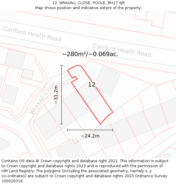 12, WRAXALL CLOSE, POOLE, BH17 9JR: Plot and title map