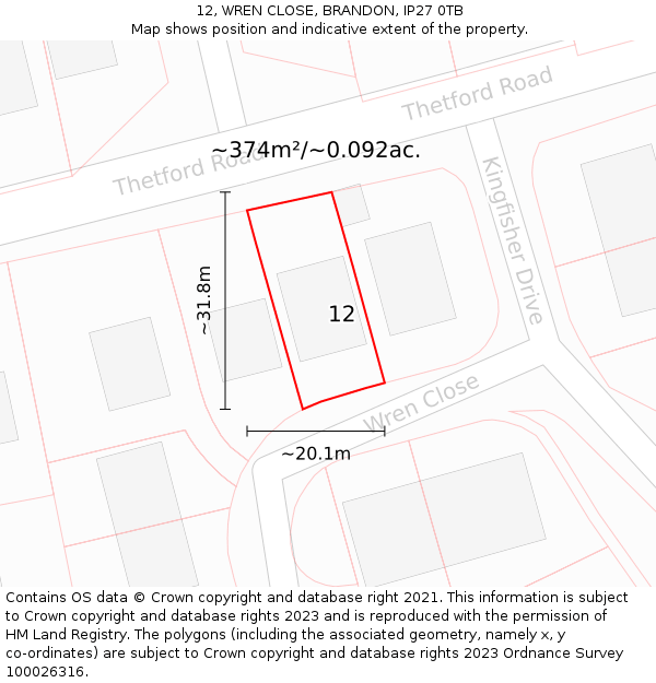 12, WREN CLOSE, BRANDON, IP27 0TB: Plot and title map