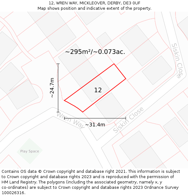 12, WREN WAY, MICKLEOVER, DERBY, DE3 0UF: Plot and title map