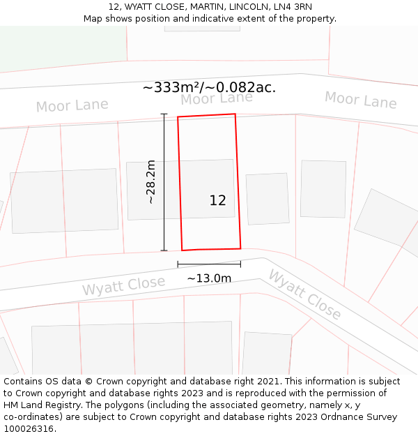 12, WYATT CLOSE, MARTIN, LINCOLN, LN4 3RN: Plot and title map