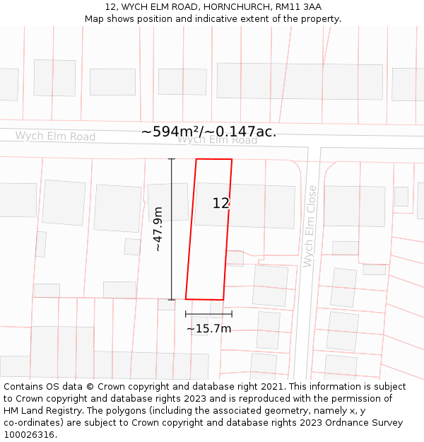 12, WYCH ELM ROAD, HORNCHURCH, RM11 3AA: Plot and title map