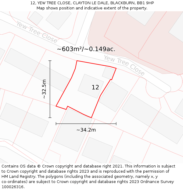 12, YEW TREE CLOSE, CLAYTON LE DALE, BLACKBURN, BB1 9HP: Plot and title map