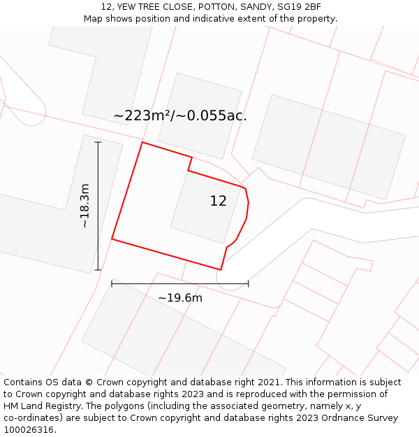 12, YEW TREE CLOSE, POTTON, SANDY, SG19 2BF: Plot and title map