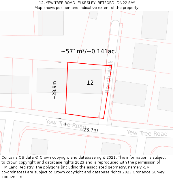 12, YEW TREE ROAD, ELKESLEY, RETFORD, DN22 8AY: Plot and title map