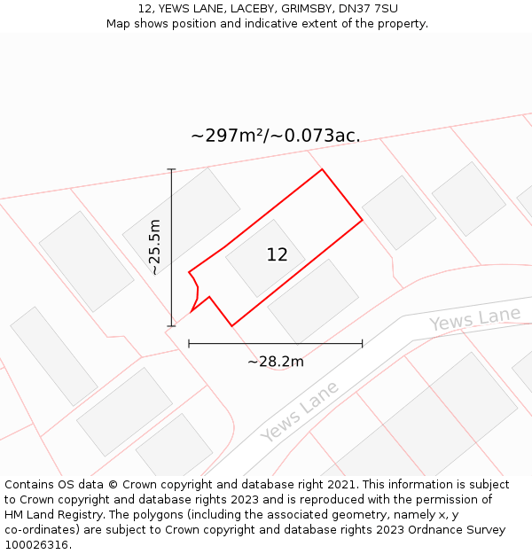 12, YEWS LANE, LACEBY, GRIMSBY, DN37 7SU: Plot and title map