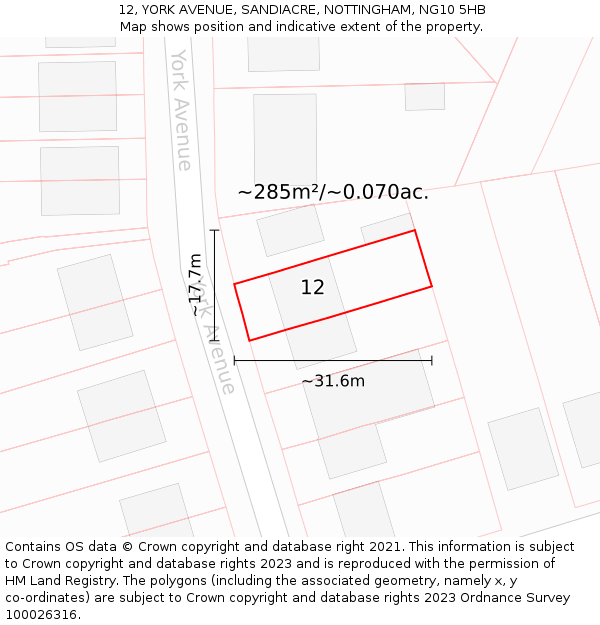 12, YORK AVENUE, SANDIACRE, NOTTINGHAM, NG10 5HB: Plot and title map