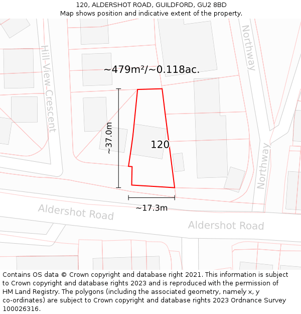 120, ALDERSHOT ROAD, GUILDFORD, GU2 8BD: Plot and title map