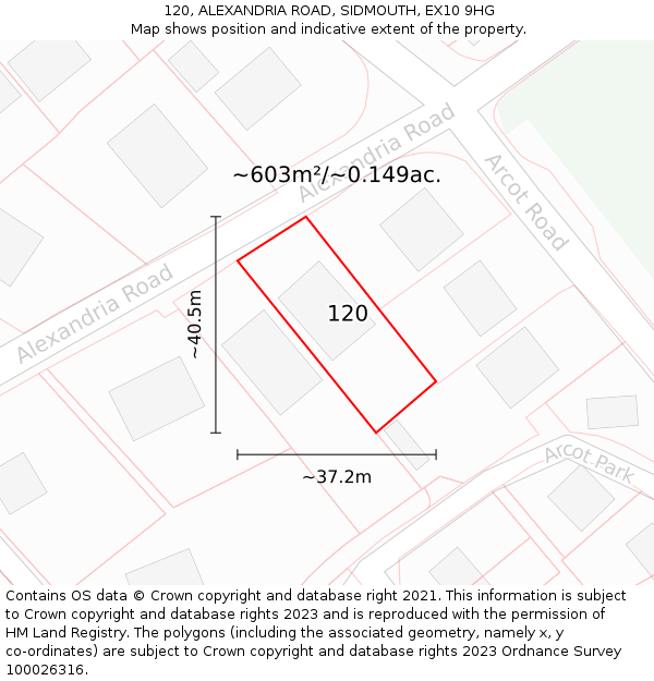 120, ALEXANDRIA ROAD, SIDMOUTH, EX10 9HG: Plot and title map