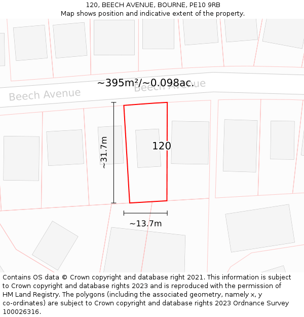 120, BEECH AVENUE, BOURNE, PE10 9RB: Plot and title map