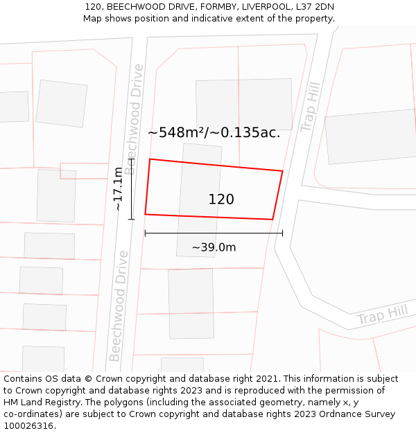 120, BEECHWOOD DRIVE, FORMBY, LIVERPOOL, L37 2DN: Plot and title map