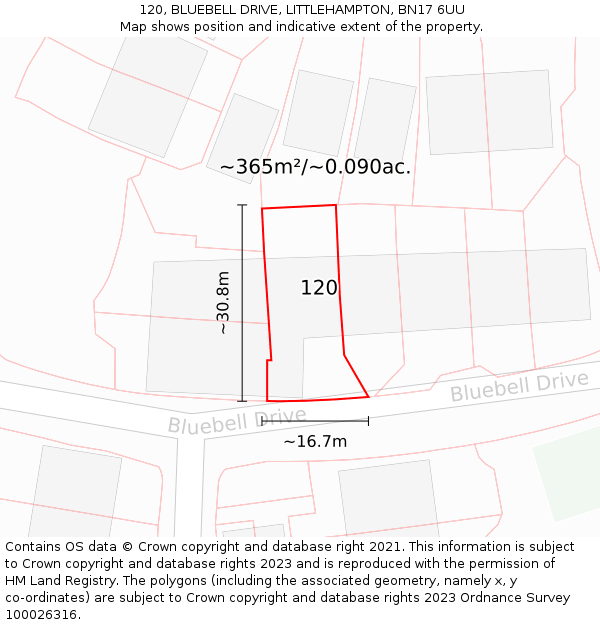 120, BLUEBELL DRIVE, LITTLEHAMPTON, BN17 6UU: Plot and title map