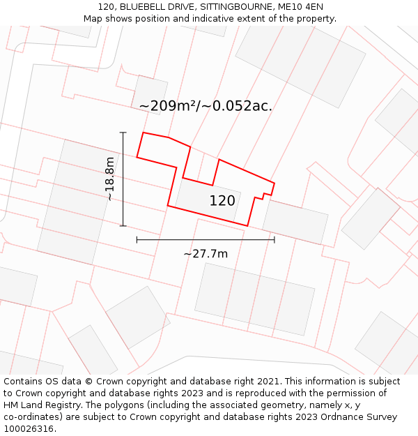 120, BLUEBELL DRIVE, SITTINGBOURNE, ME10 4EN: Plot and title map