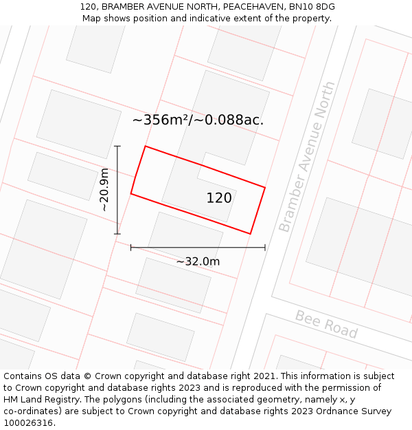 120, BRAMBER AVENUE NORTH, PEACEHAVEN, BN10 8DG: Plot and title map