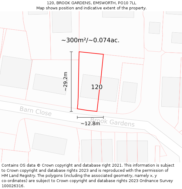120, BROOK GARDENS, EMSWORTH, PO10 7LL: Plot and title map