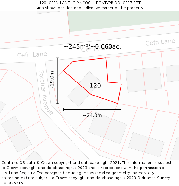 120, CEFN LANE, GLYNCOCH, PONTYPRIDD, CF37 3BT: Plot and title map